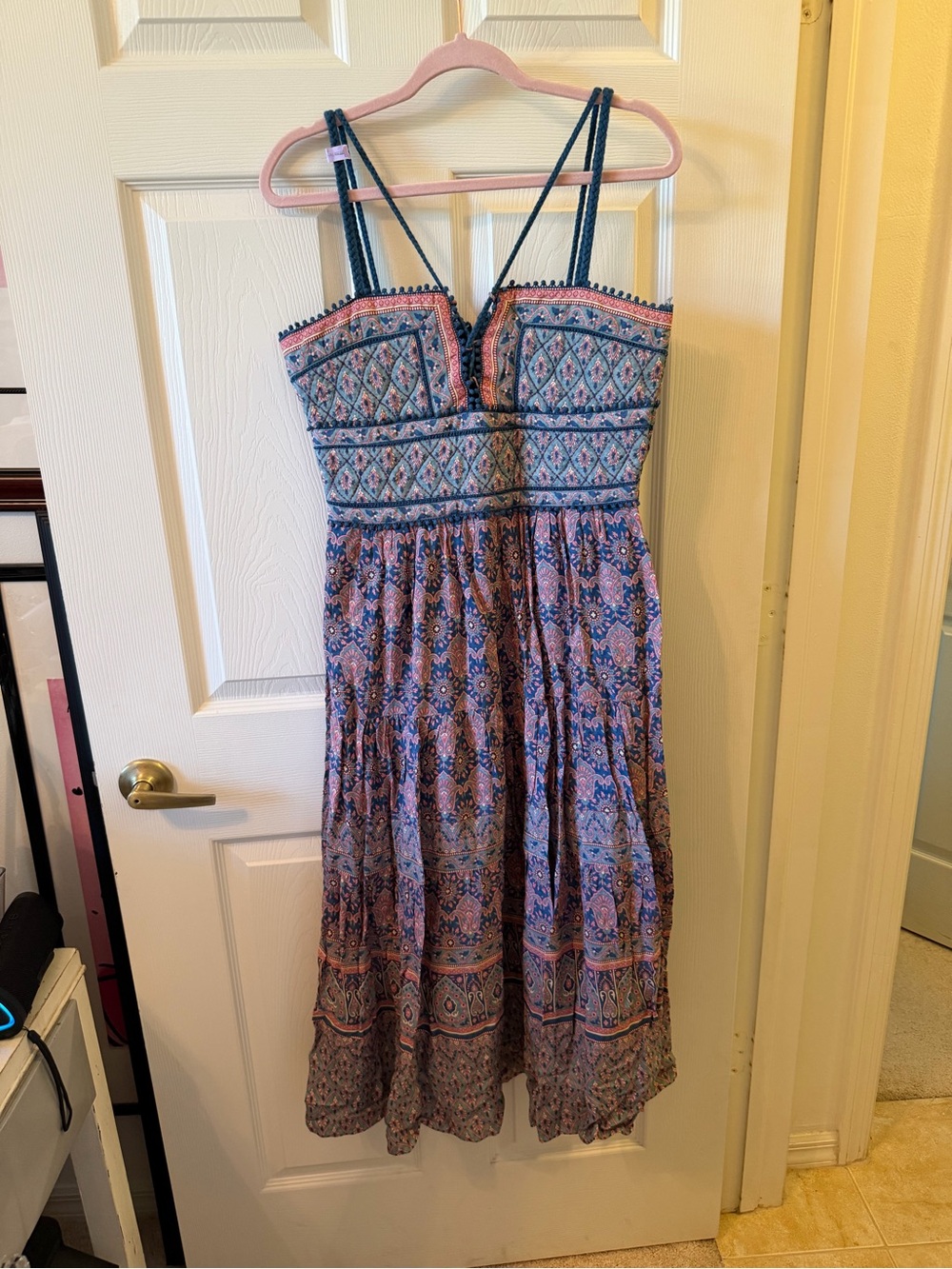 Sea Pink and Blue Printed Smocked Midi Dress
